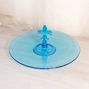 Vintage Fostoria Circular Blue Glass Fleur-de-lis Handled Tidbit Tray